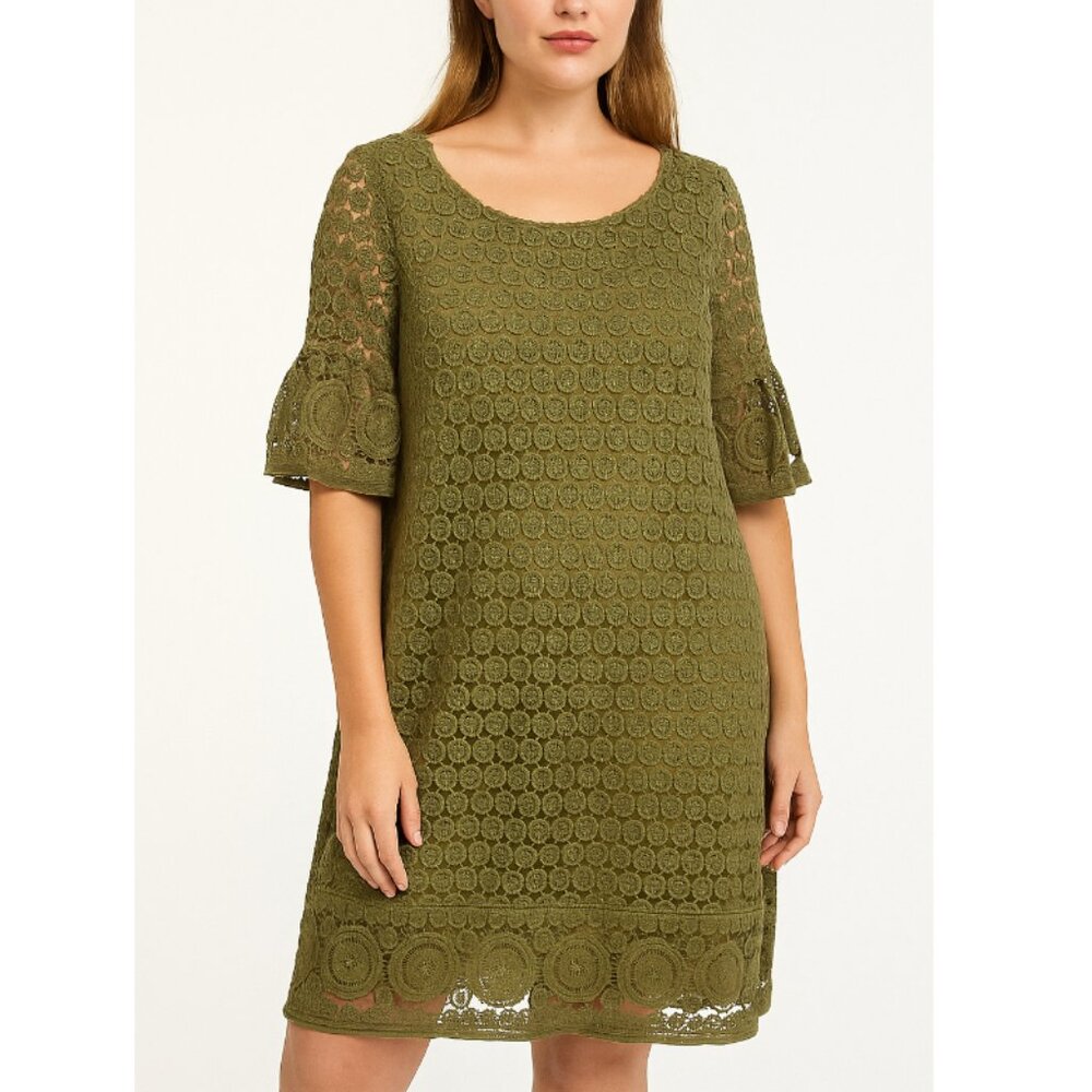 Lane Bryant Olive Green Crochet Lace Flared Sleeve Overlay Mini Dress Size 14